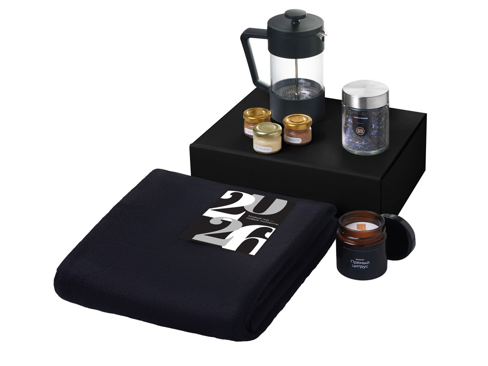 Подарочный набор c пледом, френчпрессом, чаем и медом, черный — изображение 2