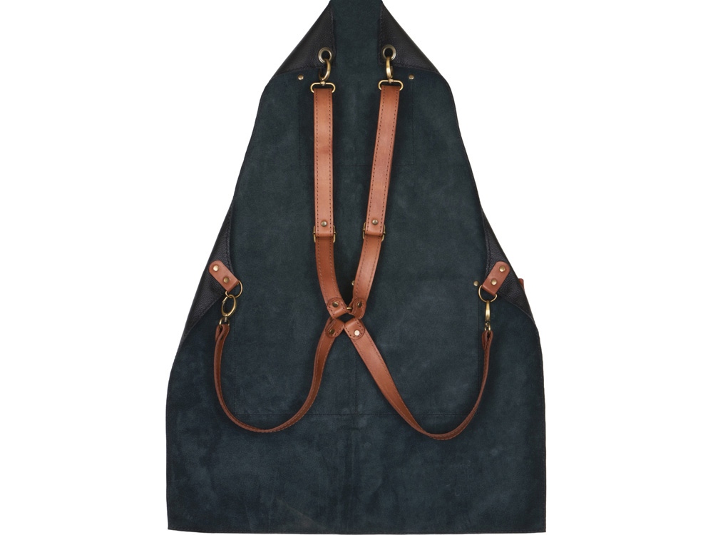 Фартук из натуральной кожи флотер Материал: натуральная кожа КРС, цвет фартука: черный, цвет ремней: светлый бук, фурнитура из металлического сплава ЦАМ, цвет фурнитуры: антик, размер универсальный — изображение 8