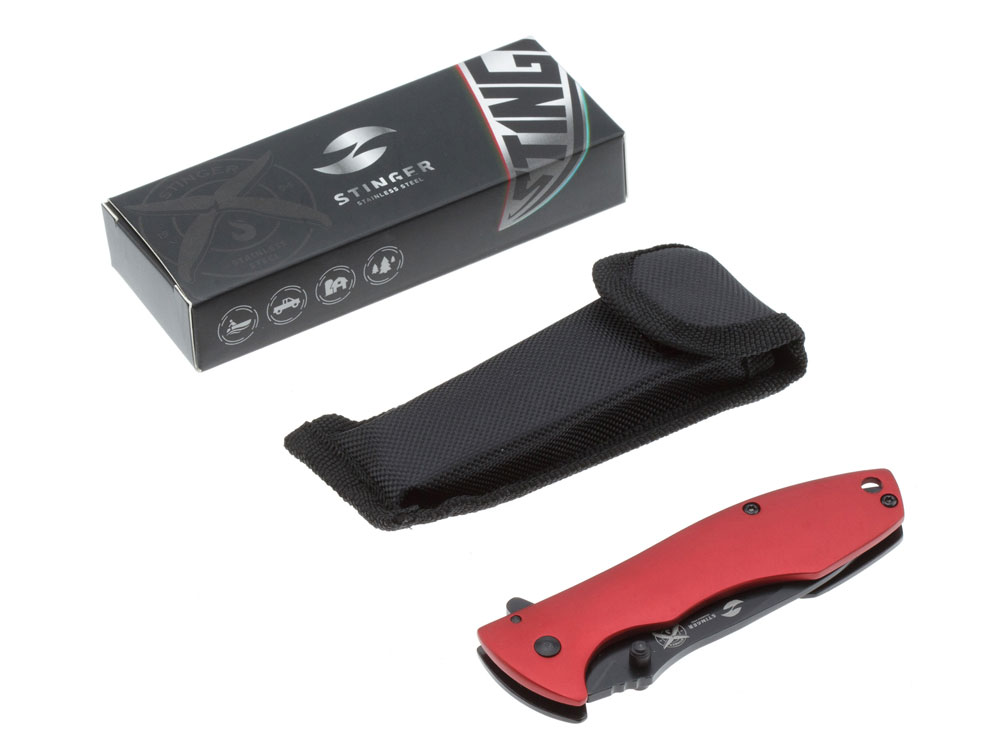 Нож складной Stinger, 80 мм, (чёрный), материал рукояти: сталь/алюминий (чёрно-красный) — изображение 5