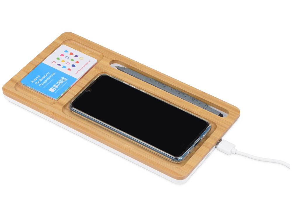 Беспроводное зарядное устройство-органайзер из бамбука Timber, натуральный/белый — изображение 2