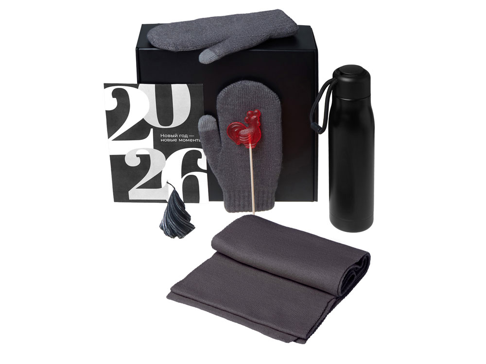 Подарочный набор с варежками, шарфом и термосом, серый — изображение 2