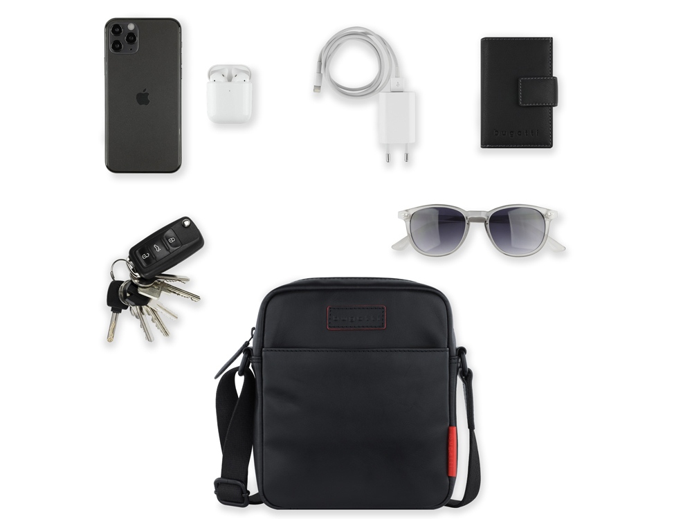 Сумка наплечная мужская BUGATTI Clark, чёрная, воловья кожа/полиэстер, 18х5,5х20 см, 2 л — изображение 6