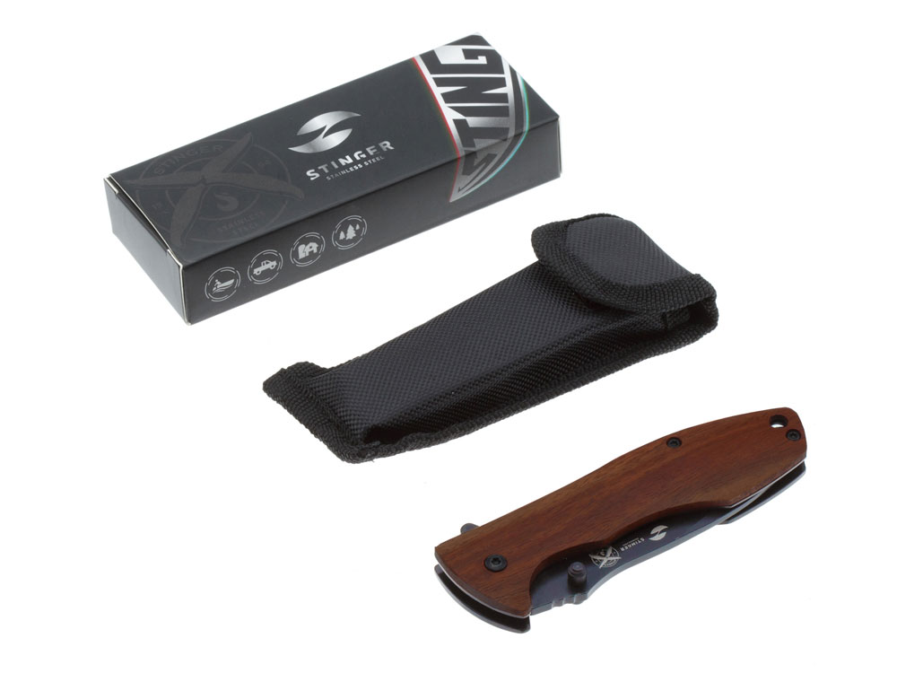 Нож складной Stinger, 80 мм (чёрный), материал рукояти: сталь/сандаловое дерево (коричневый) — изображение 5