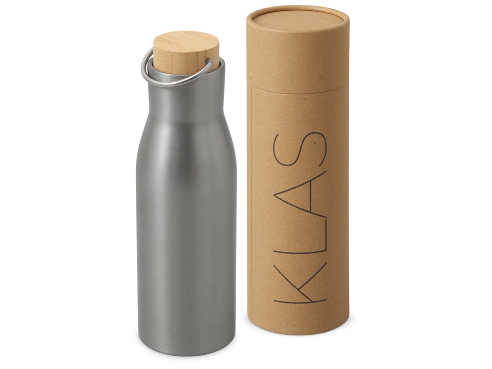 Вакуумная термобутылка с бамбуковой крышкой Klas, 500 мл, серебристый
