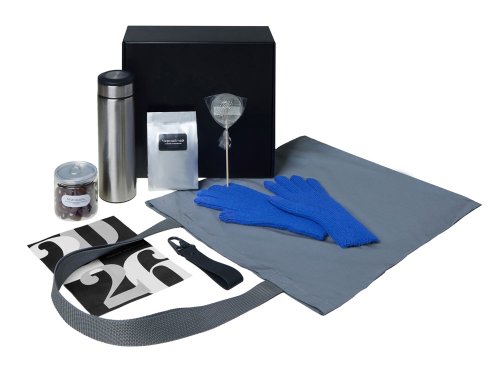 Подарочный набор с перчатками, термосом и чаем, синий — изображение 2