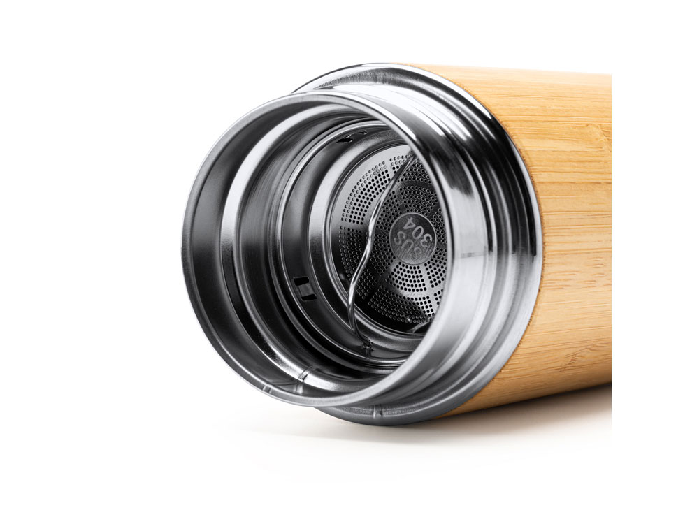 Термос CEDRO из нержавеющей стали 304 и бамбука с заварочным устройством, 480 мл, натуральный — изображение 3