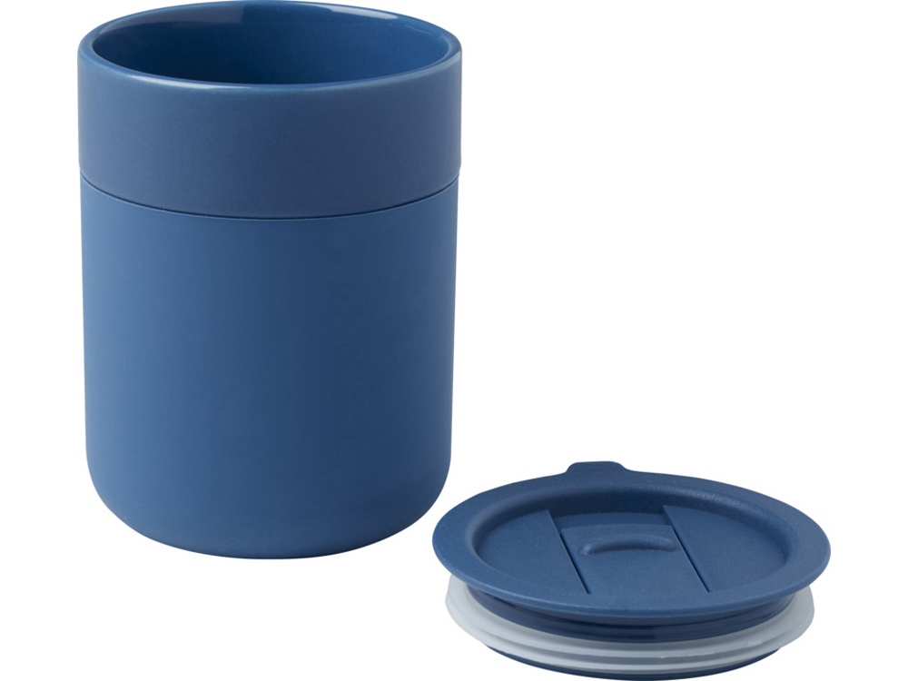 Java керамическая кружка емкостью 330 мл с силиконовой оберткой и пластиковой крышкой - Синий — изображение 3