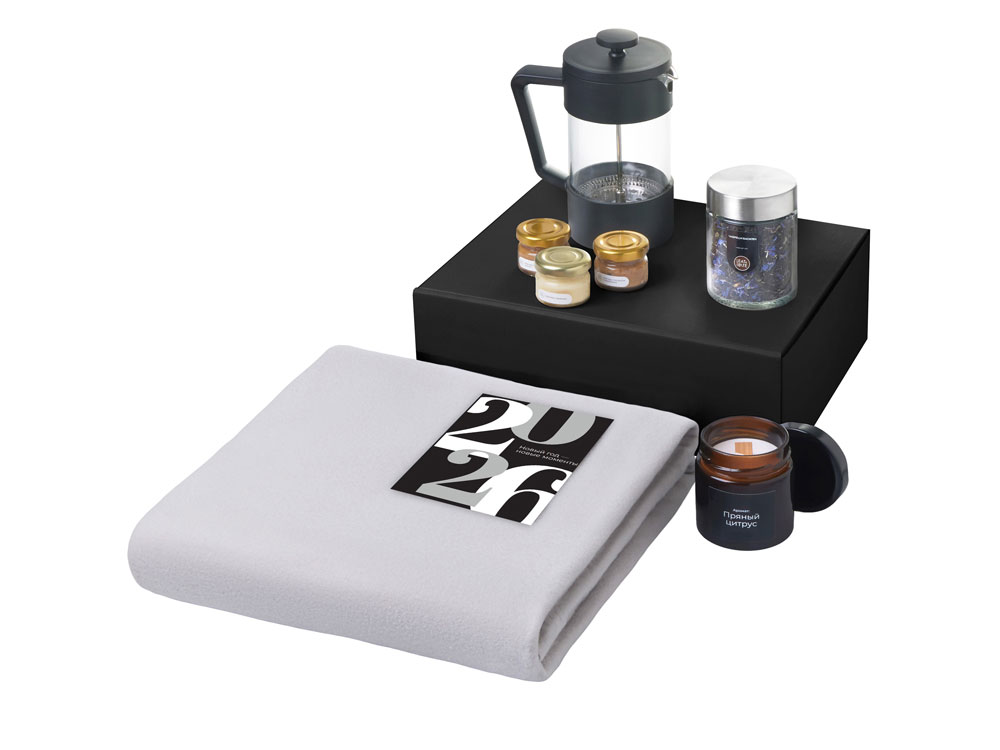Подарочный набор c пледом, френчпрессом, чаем и медом, серый — изображение 2