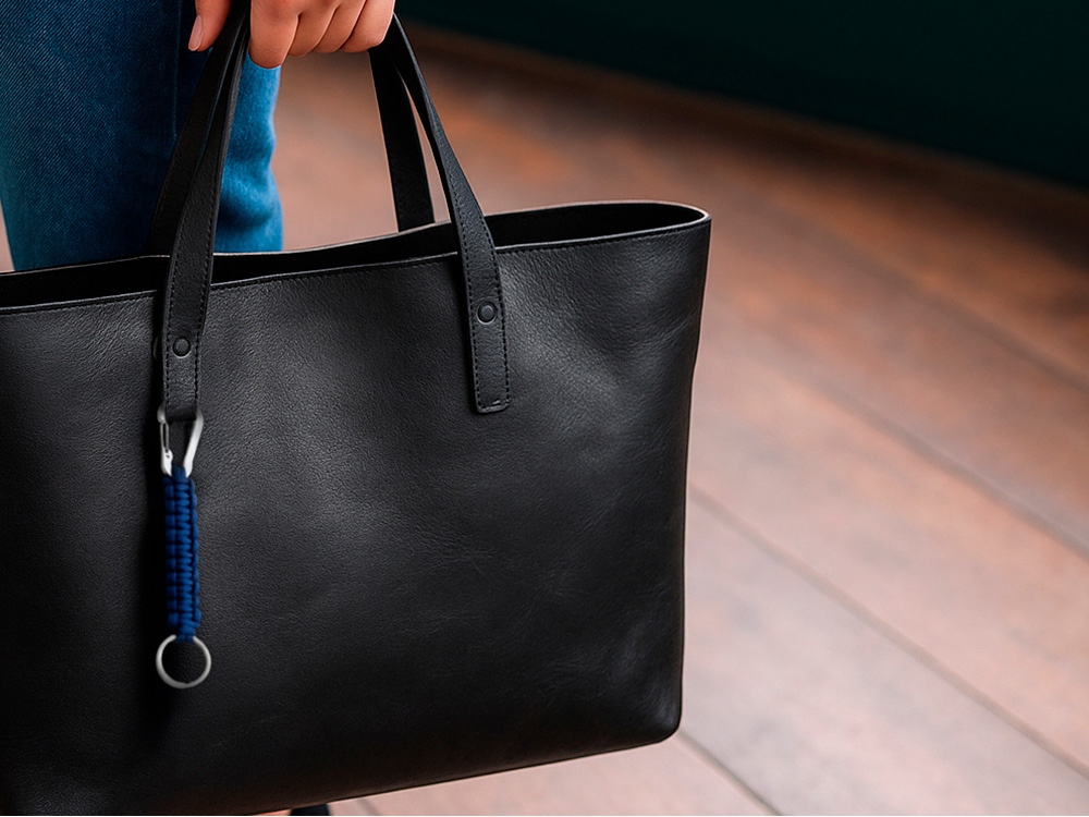 Брелок-веревочка Austere с карабином и кольцом, темно-синий с серебристым — изображение 4