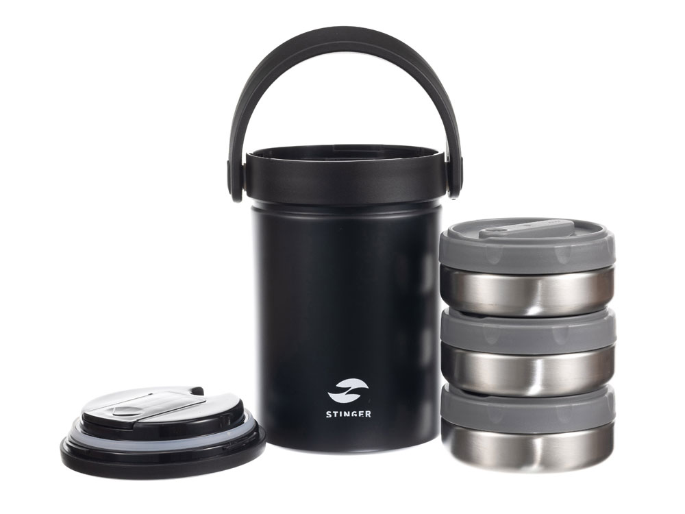 Термос ланч-бокс Stinger, 1,7 л, широкий, сталь, чёрный, три контейнера, 16,1 x 14,9 x 21,5 — изображение 6