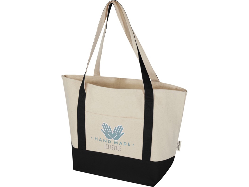 Sam эко- сумка из переработанного хлопка, сертифицированного согласно GRS, плотностью 320 г/м² - сплошной черный / Натуральный — изображение 7