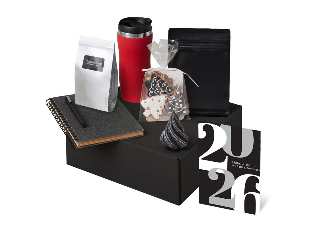 Подарочный набор c термокружкой, чаем, кофе и блокнотом, красный — изображение 2