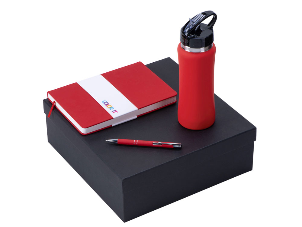 Подарочный набор с блокнотом С3, металлической ручкой и бутылкой для воды, красный