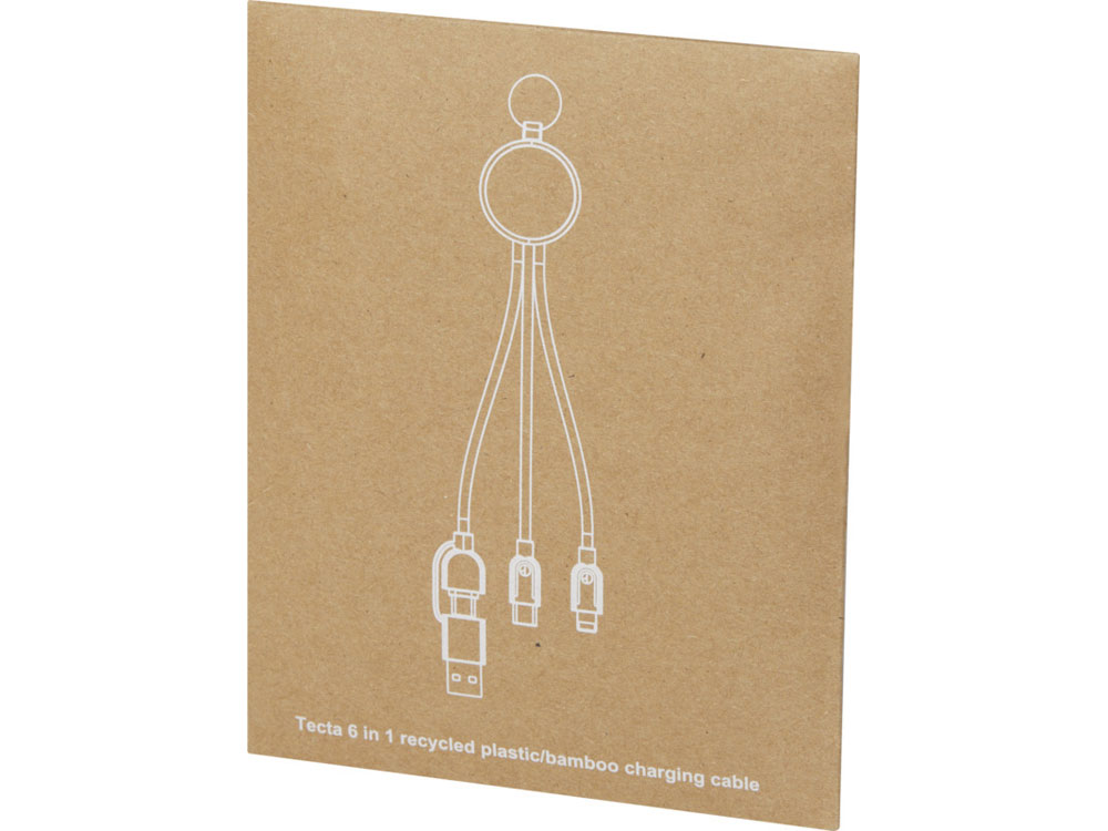 Кабель для зарядки Tecta 6 в 1 из переработанного пластика/бамбука с брелком, сплошной черный — изображение 6