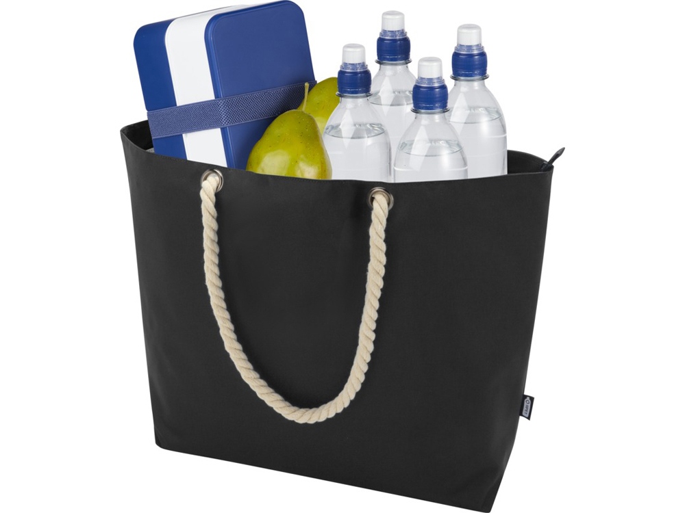 Panama пляжная эко-сумка-холодильник из переработанного материала, с ручками-шнурками 23L, сплошной черный — изображение 5