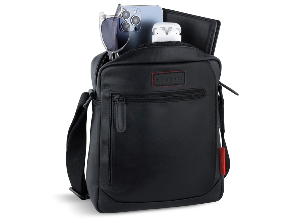 Сумка наплечная мужская BUGATTI Clark, чёрная, воловья кожа/полиэстер, 21х6,5х24 см, 3 л — изображение 5