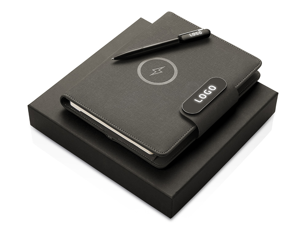 Подарочный набор металлическая ручка и блокнот А5 Twilight со светящимся логотипом и пауэрбэнком