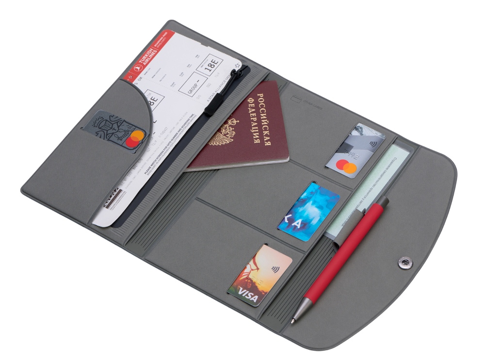 Органайзер для документов на кнопке с отделением для купюр и ручки, упаковка в индивидуальный пакет, серый — изображение 2