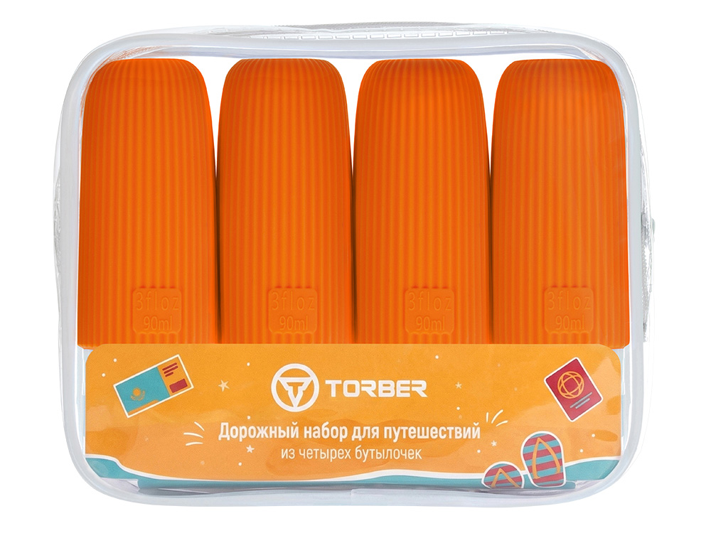 Дорожный набор бутылочек TORBER (4 пр.), силикон, оранжевый — изображение 3