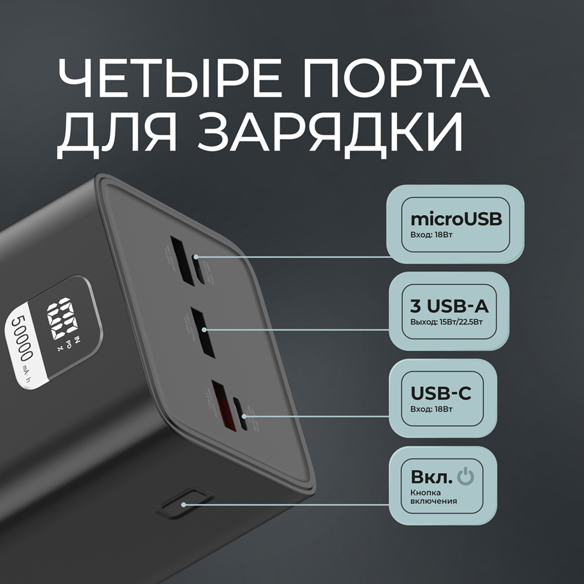 Внешний АКБ NRG Turbo V4 50000 мА-ч, дисплей, черный, Deppa — изображение 5