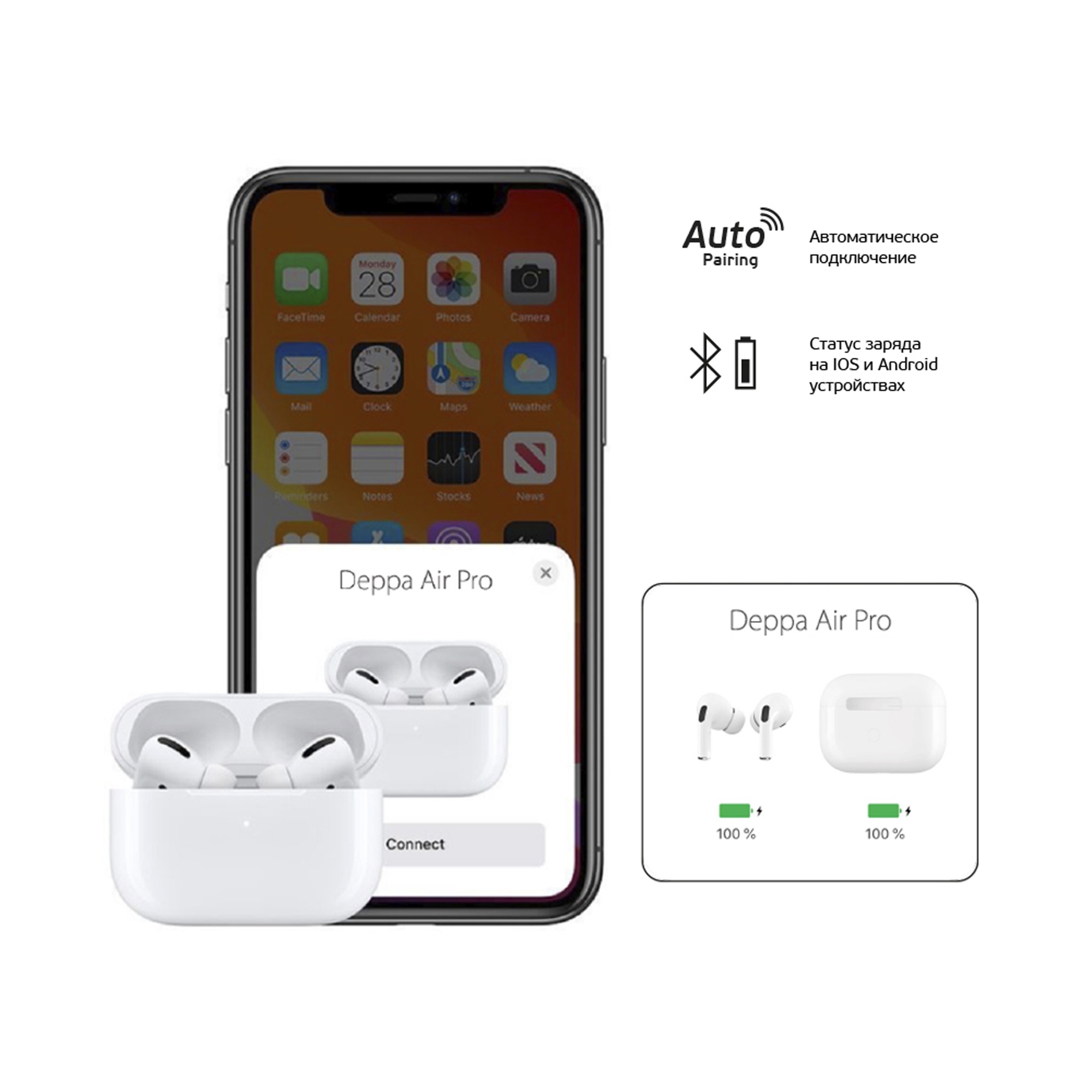 Беспроводные наушники с микрофоном Air Pro 2, TWS, BT 5.3, 300 мАч, QI, белый, Deppa — изображение 3