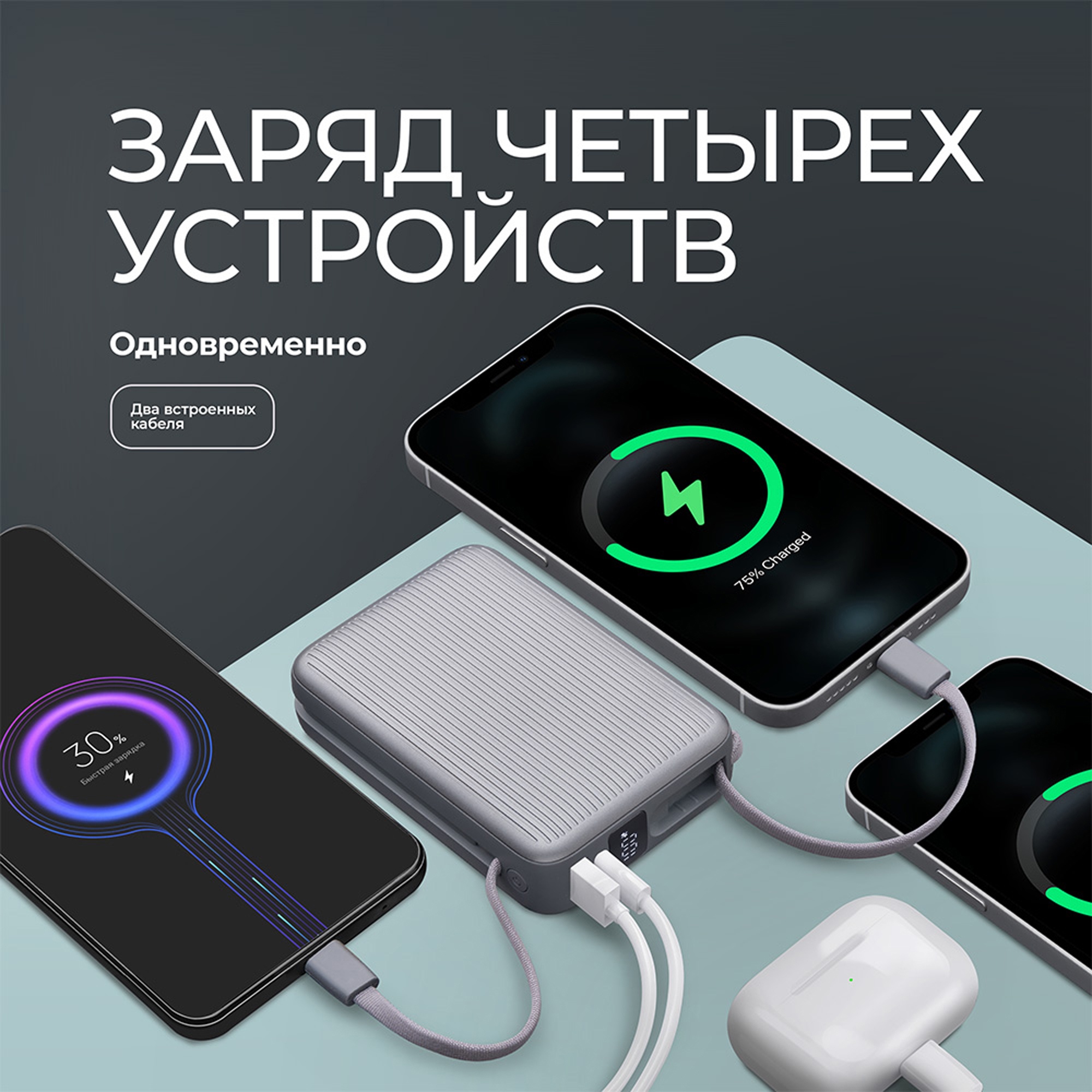 Внешний АКБ NRG Turbo Cable 20000 mAh, 22,5Вт, графит, Deppa — изображение 3