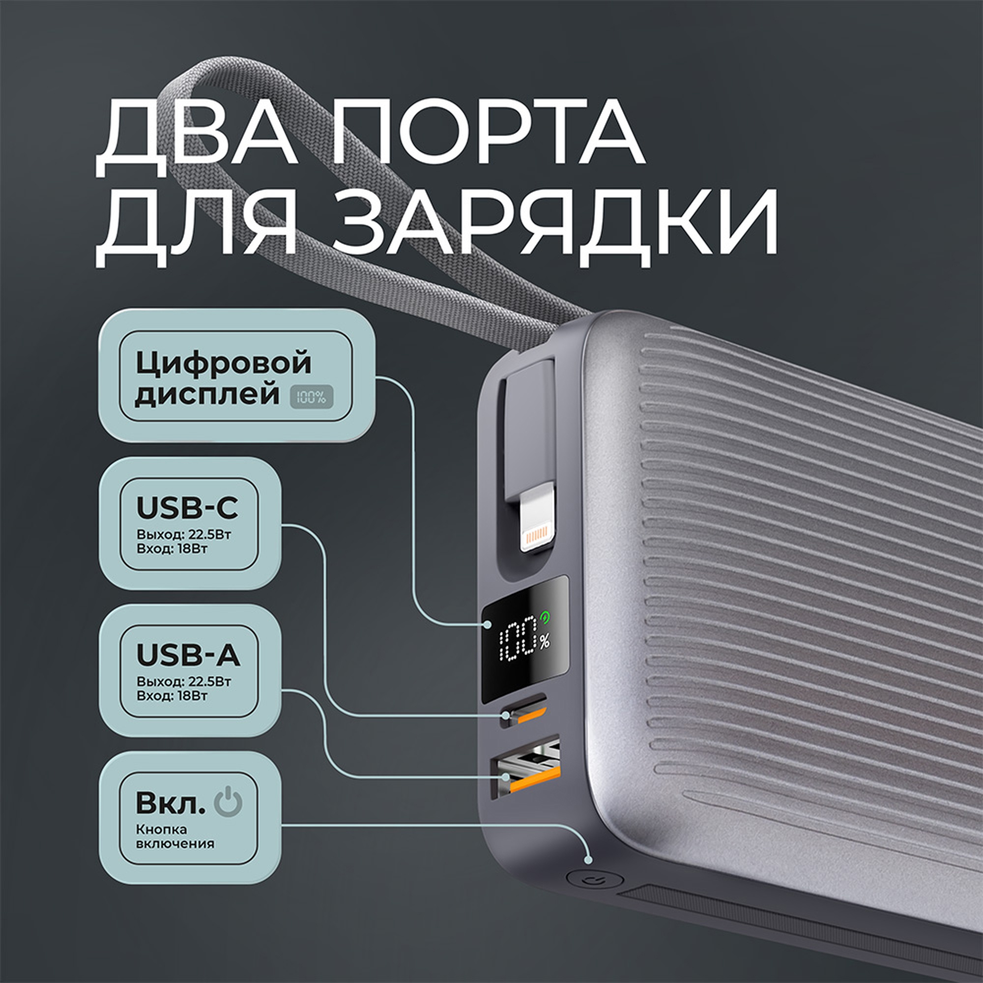 Внешний АКБ NRG Turbo Cable 20000 mAh, 22,5Вт, графит, Deppa — изображение 4
