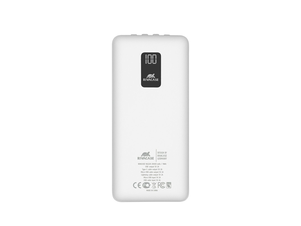 RIVACASE VA2220 (20000 мАч) внешний аккумулятор с дисплеем и встроенными кабелями, белый, 12/24 — изображение 2